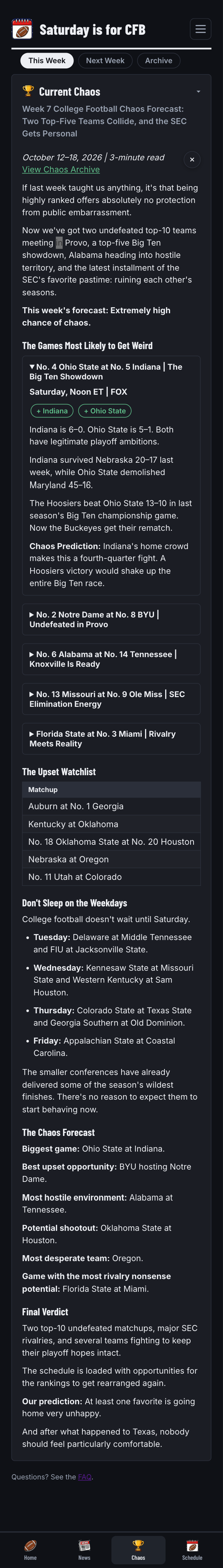 The Chaos page on mobile, showing the This Week, Next Week, and Archive tabs with a Current Chaos write-up expanded, including the Games Most Likely to Get Weird, the Upset Watchlist, and the Chaos Forecast.