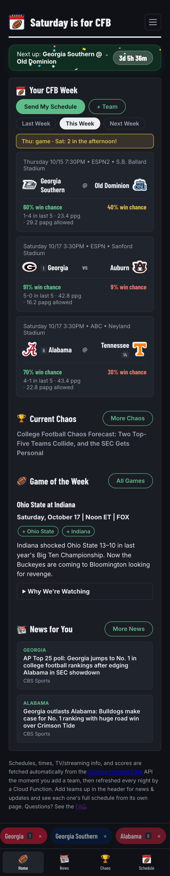 The Home page on mobile, showing the Next Up countdown, Your CFB Week games with the Send My Schedule button, Current Chaos preview, Game of the Week pick, and News for You.